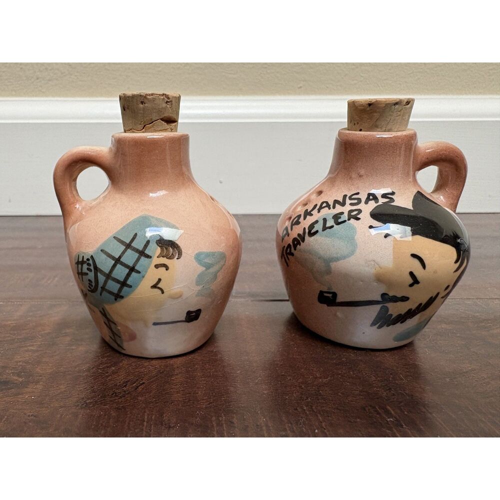 Vtg Arkansas Traveler Ma Pa Hillbilly Ceramic Salt Pepper Shaker Whiskey Novelty